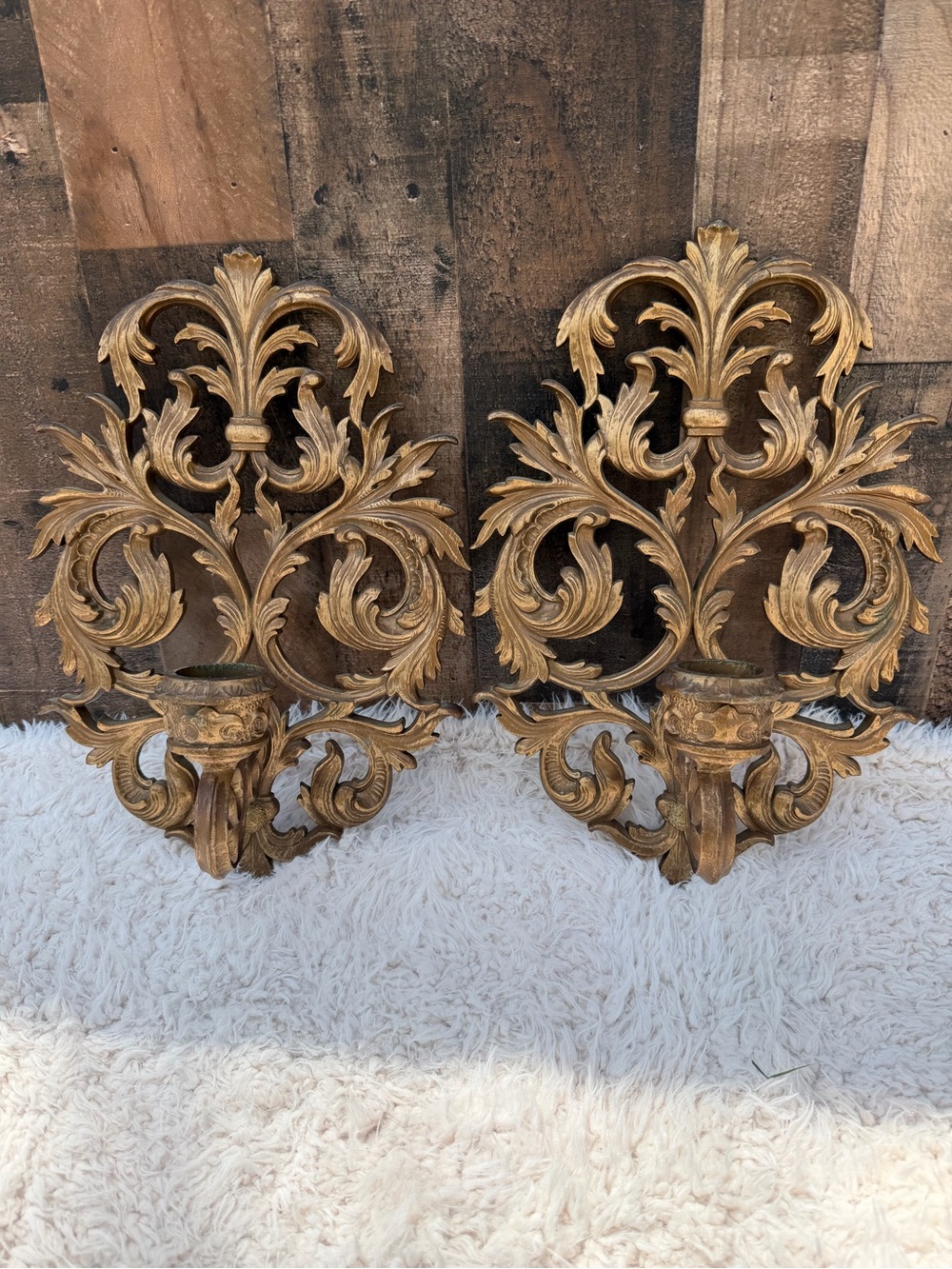 Ornate Gold Wall Candle Sconces - Pair